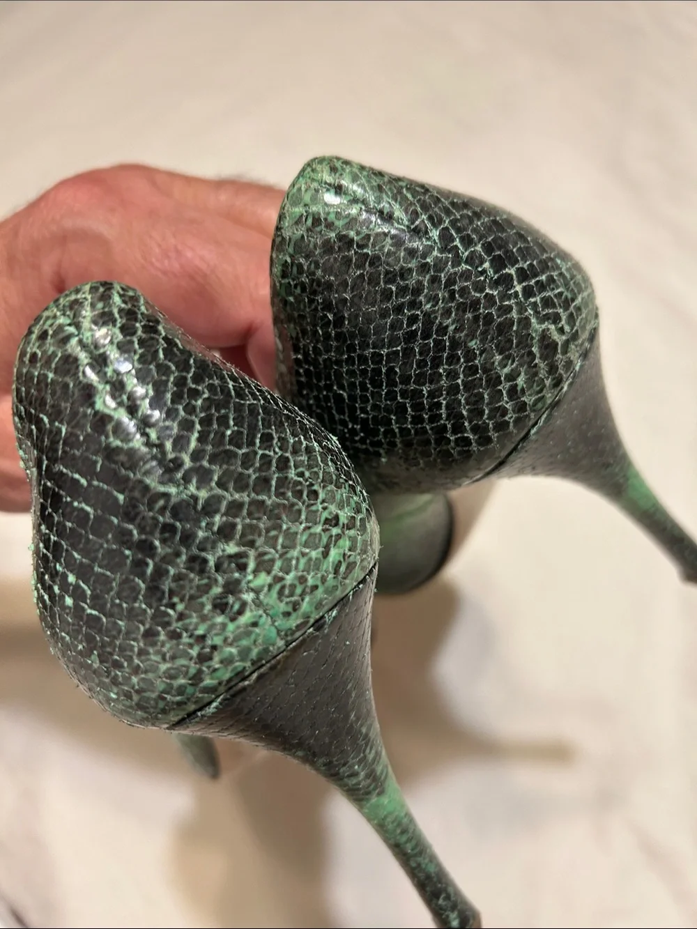 Miu Miu Green Snakeskin Open-Toe Pumps